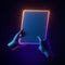 3d render mannequin hands holding gadget. Minimal futuristic technology concept. Neon glowing electronic device pad