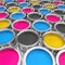 3d render of many color buckets with bright colors in cmyk