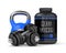 3d render of mass gainer with dumbbells and kettlebell