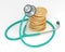 3D render of medical stethoscope and dollar coins