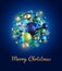 3d render, Merry Christmas greeting card with golden script text and assorted glass balls and ornaments, isolated on blue