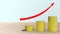 3D render metal gold coin yellow on wood table blue background stack step up graph with red arrow, Risk management business