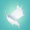 3d render, milk splash clip art isolated on turquoise blue background, milkshake drink, splashing white liquid paint
