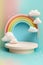 3d render of minimal abstract background with podium, rainbow and clouds.