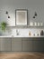 3d render of a minimalist kitchen with grey cabinets and white marble countertop