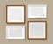 3D Render mockup of four horizontal and square wooden and white plastic empty frame with paper border inside and gray space on