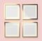 3D Render mockup of four square golden empty frame with white paper border inside and gray space on bright pink wall. Border