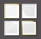 3D Render mockup of four square white plastic and gold empty frame with paper border inside and gray space on dark gray wall.