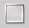 3D Render mockup of one square rose gold empty frame with white paper border inside and gray space on bright gray wall. Border