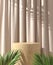 3D Render Mockup Wood Podium Display On Beige Curtain, Sunlight Shadow Palm Leaf, Abstract Background