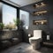 3d render of modern bathroom with black tile wall and white toilet