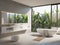 3d render of a modern  concrete bathroom with a a bathtub and a garden view