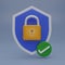 3D render Modern Shield with padlock and check mark icon on blue background. Security shield symbols. Security shields logotypes