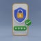 3D render Modern Smartphone with Shield, padlock and check mark icon on blue background. Security shield symbols. Security shields