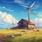 3D render of an old house with a wind turbine. Concept of an abandoned environmentally friendly house. Ecological, self-sustained