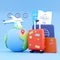 3d render online tickets. 3d render airplane with passport. 3d render luggage suit illustration