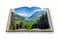 3D render of an opened photo book with a panorama of Lungern village (Switzerland - Europe)