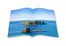 3D render of an opened photo book with a small rocky island in t