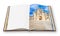 3D render of an opened photo book whit the facade of Batalha cathedral in Portugal Europe