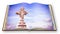 3D render of an opened photobook  on white background with celtic carved stone cross
