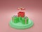 3d render of opening red Christmas present box on close green gift boxes on green circle stage