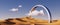 3d render, panoramic desert landscape, sand dunes metallic arch and white clouds, sunny day background