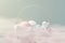 3d render of pastel ball, soaps bubbles, blobs that floating on the air with fluffy clouds and ocean. Romance land of dream scene