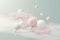 3d render of pastel ball, soaps bubbles, blobs that floating on the air with fluffy clouds and ocean. Romance land of dream scene