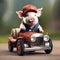 3D render of pig wearing human clothing and driving a car