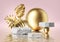 3d render, pink background with white cobblestone podiums and golden tropical leaves, gold balls and reflection in the water.