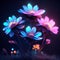 3d render of pink and blue daisies on dark background AI generated