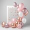 3d render of pink and golden balloons, photo frame and confetti