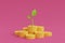 3d render plant growing with money on pink background.growth ideas concept