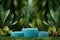 3D render of podium in lush tropical backdrop for display