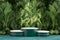 3D render of podium in lush tropical backdrop for display