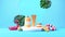 3D Render Of Product Mockup With Slipper, Lifebuoy, Inflatable Duck, Beach Ball, Monstera Leaves On Cyan