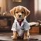 3D render of puppy wearing health worker\\\'s uniform