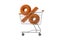 3D render push cart for shopping, Discounts on orange sign, yellow plastic elements on handle isolated on white.