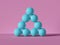 3d render, pyramid of blue balls isolated on pink background. Billiards game. Primitive geometric shapes. Loss metaphor.