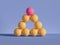 3d render, pyramid of yellow balls isolated on violet background. Billiards game. Primitive geometric shapes. One of a kind.