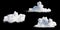 3d render. Random shapes of abstract white clouds isolated on black background. Cumulus different perspective views clip art,