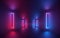 3d render, red blue neon light, illuminated corridor, tunnel, empty space, ultraviolet light, 80`s retro style, fashion show stag