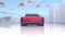 3D render of a Red electric concept car driving in a futuristic landscape