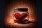 3D Render of Red Glittery Heart Shape Inside Glass Jar On Golden Sparkles