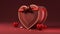 3D Render, Red And Golden Heart Shapes With Gift Box On Burnt Red Background. Happy Valentine`s Day