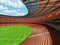 3D render of a round cricket stadium with orange seats and VIP boxes