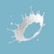 3d render, round milk splash crown perspective view. Abstract liquid clip art isolated on blue background. White paint splashing.