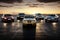 3D render of a row of cars on the road at sunset, a lineup of iconic and luxurious vehicles, AI Generated