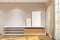 3d render of scandinavian drawer cabinet side the window with decoration and frames mockup. white cabinet. Set 8