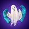 3d render, scary ghost character and blue zombie hands, halloween clip art isolated on violet background.